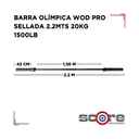 Barra Olímpica sellada 2.2 mts 20 kg 1000 lb Wod Pro