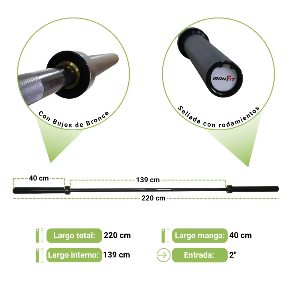 Barra Olímpica IronFit con Rodamientos y Bujes Sellada 2.2 m 20 kg 1200 lb Negra (3).webp