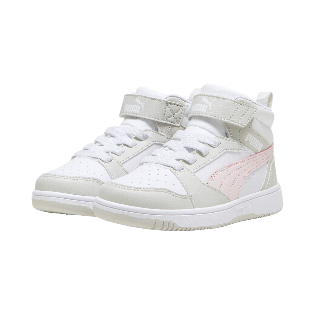 [A000025041] Tenis Puma Rebound V6 Mid para preescolar (Blanco/Beige/Rosa, 17.5MX)