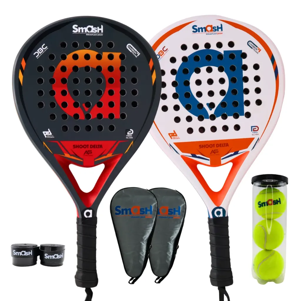 [A000028261] Pack de 2 Raquetas de Pádel Smash con 3 Pelotas, 2 Grips Negros y 2 Protectores