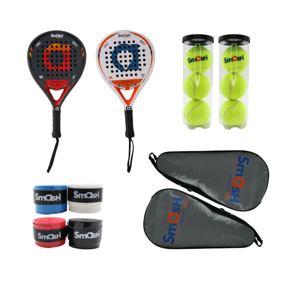 Pack de 2 Raquetas de Pádel Smash con 3 Pelotas, 2 Grips negros y 2 Protectores